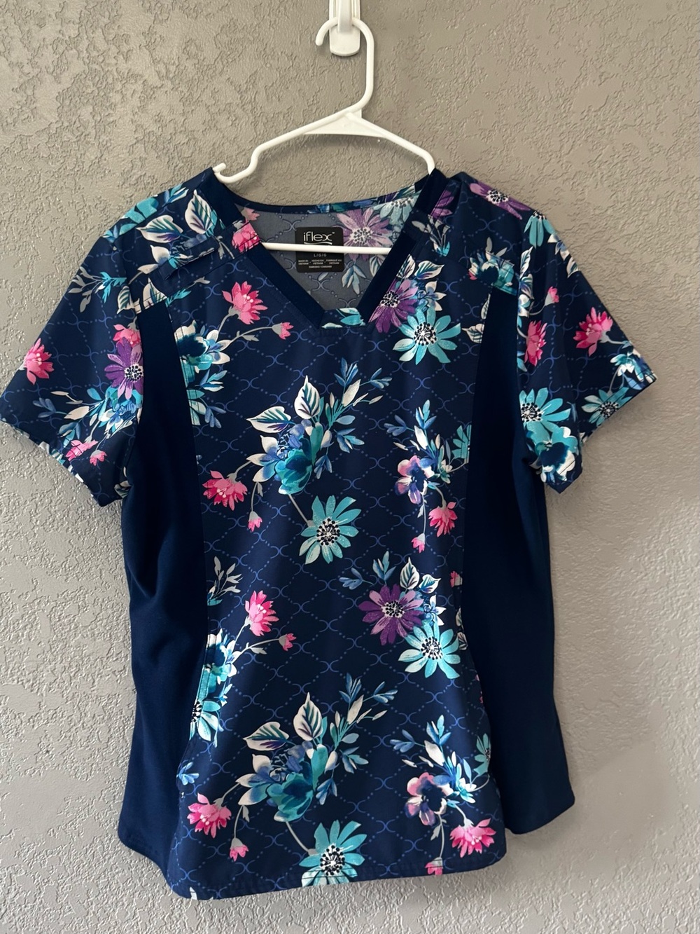 Cherokee Navy Floral V-Neck Scrub Top with Teal and Pink Accents